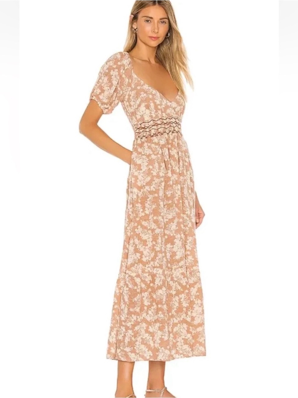 FREE PEOPLE "Ellie" Cream/Tan Floral Boho Puff Sleeve Maxi Dress, Size S, EUC - Picture 3 of 13